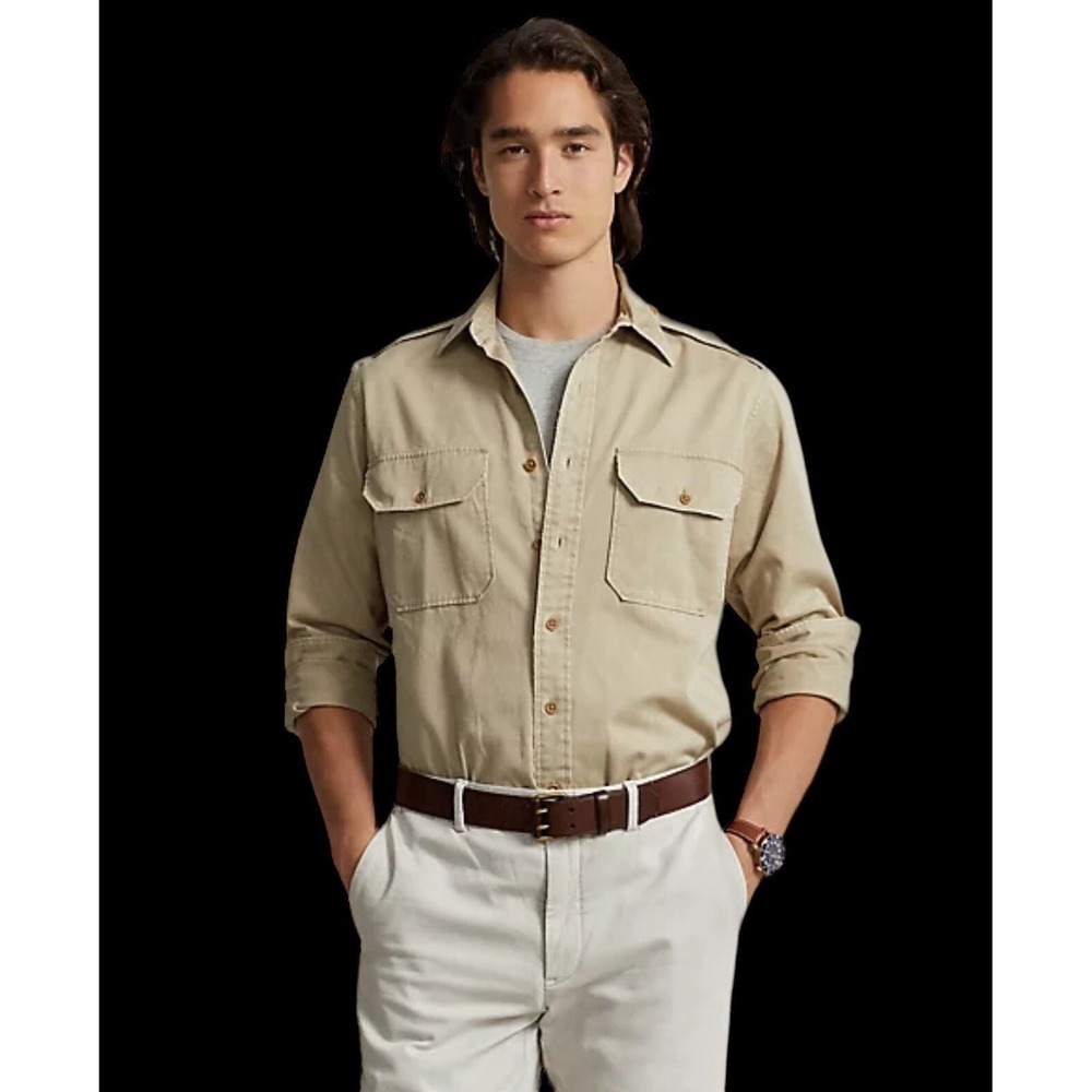 Ralph Lauren Mens Work Shirt Heavyweight Cotton Twill Beige RARE Vintage USA L